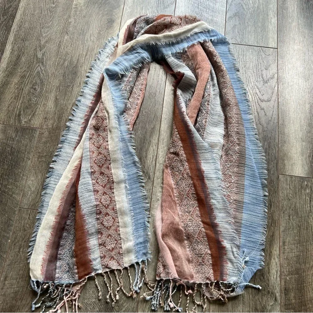 PRANA Mae Scarf Wrap Fringed Striped Tan Blue Cream Multicolored 100% Wool